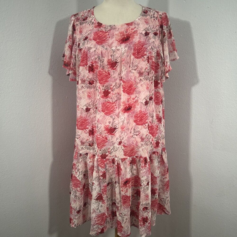 Kori Mini Dress Womens Small Sheer Floral Round Neck Flutter Sleeve Skater